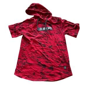 Mens Hooded T-Shirt Size Medium Drip Hoodie Tee Red Black Short Sleeve Casual